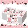 A collection of pink and white Halloween themed paper napkins featuring ghosts, pumpkins, bats, and spiders.