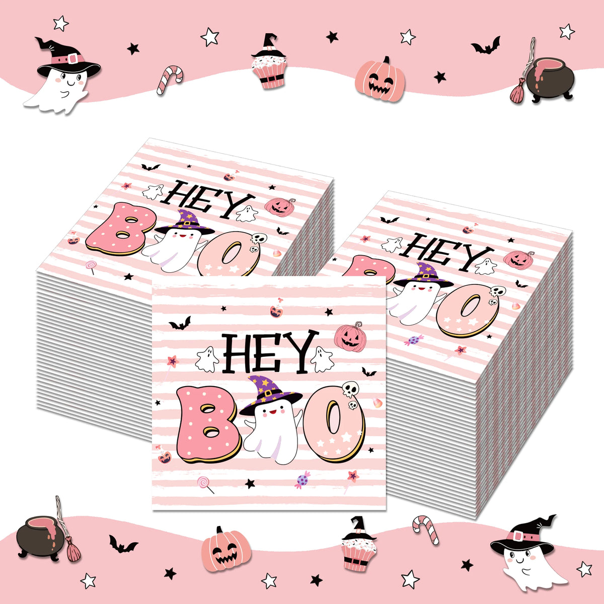 A collection of pink and white Halloween themed paper napkins featuring ghosts, pumpkins, bats, and spiders.
