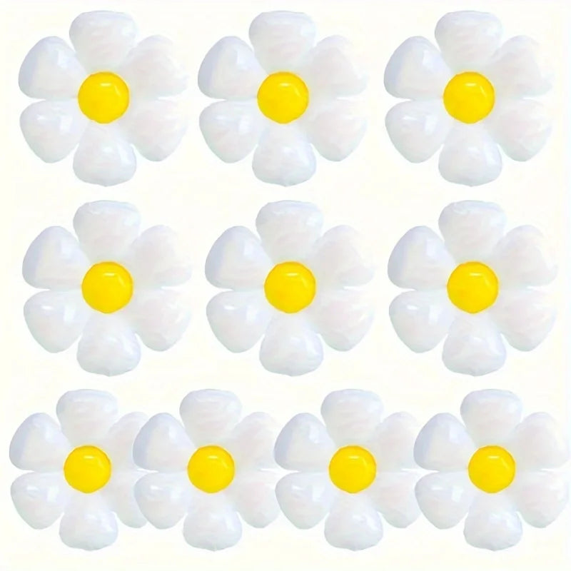 A set of elegant white daisy balloons with yellow centers.