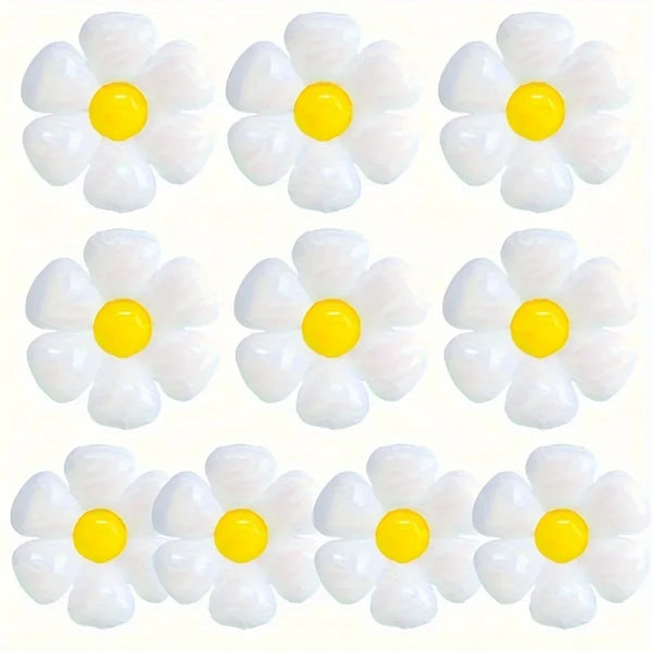 A set of elegant white daisy balloons with yellow centers.