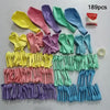 A collection of 189 pastel colored balloons and arch components in various shades including yellow, pink, purple, and green.