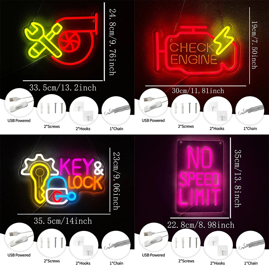A collection of neon wall signs featuring tools, a check engine, a key and lock, and a no speed limit sign.