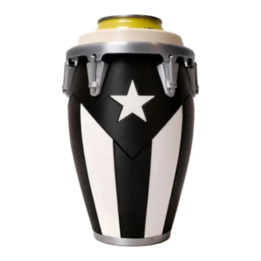 A drum-style can holder with a black and white star design, designed to hold 12oz cans.