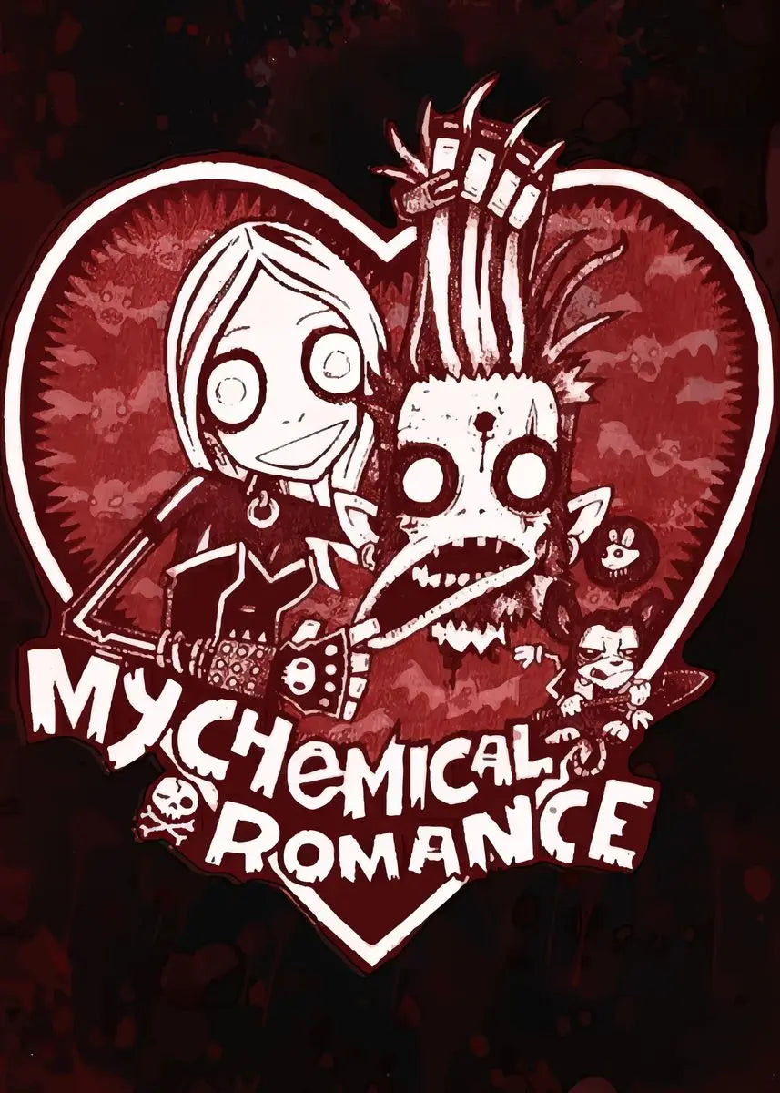 A distressed red heart design featuring stylized characters and text for My Chemical Romance wall art.