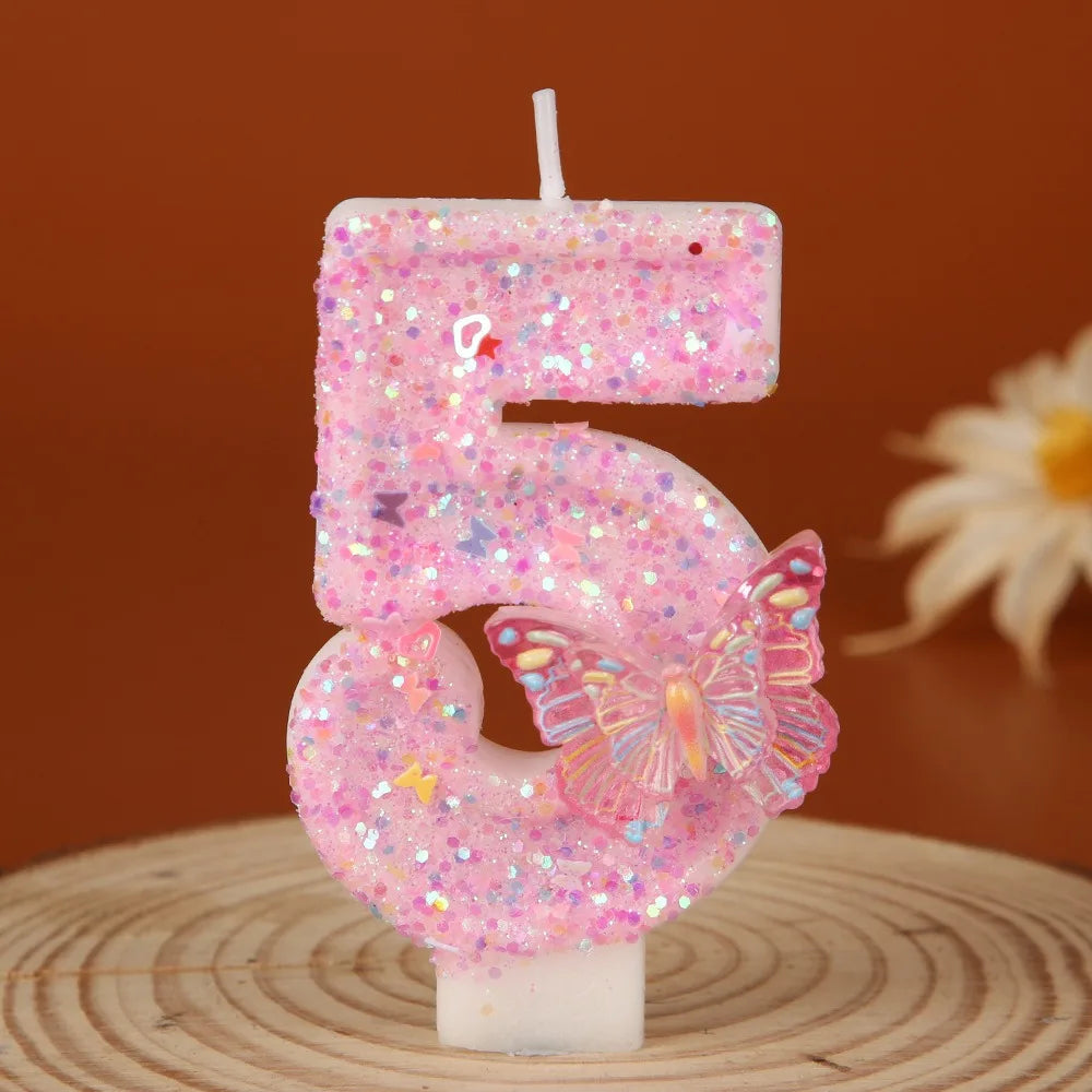 Pink glitter butterfly number five birthday candle