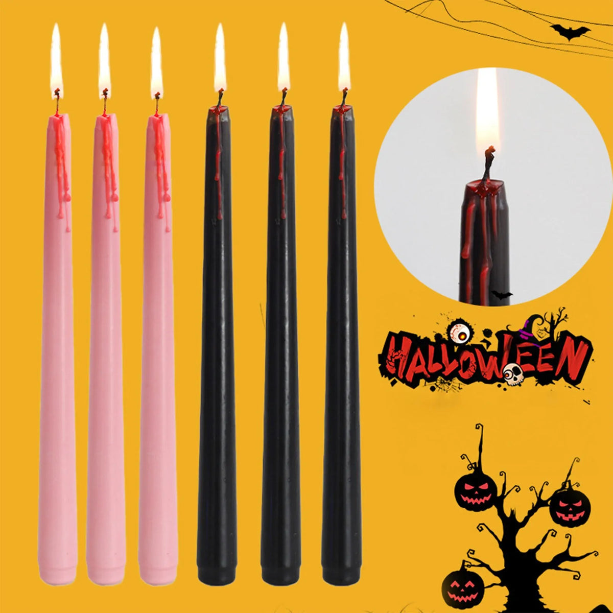 A set of four black taper candles with dripping red blood effect for Halloween