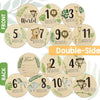 A collection of wooden milestone signs showing months and age milestones for a newborn keepsake.