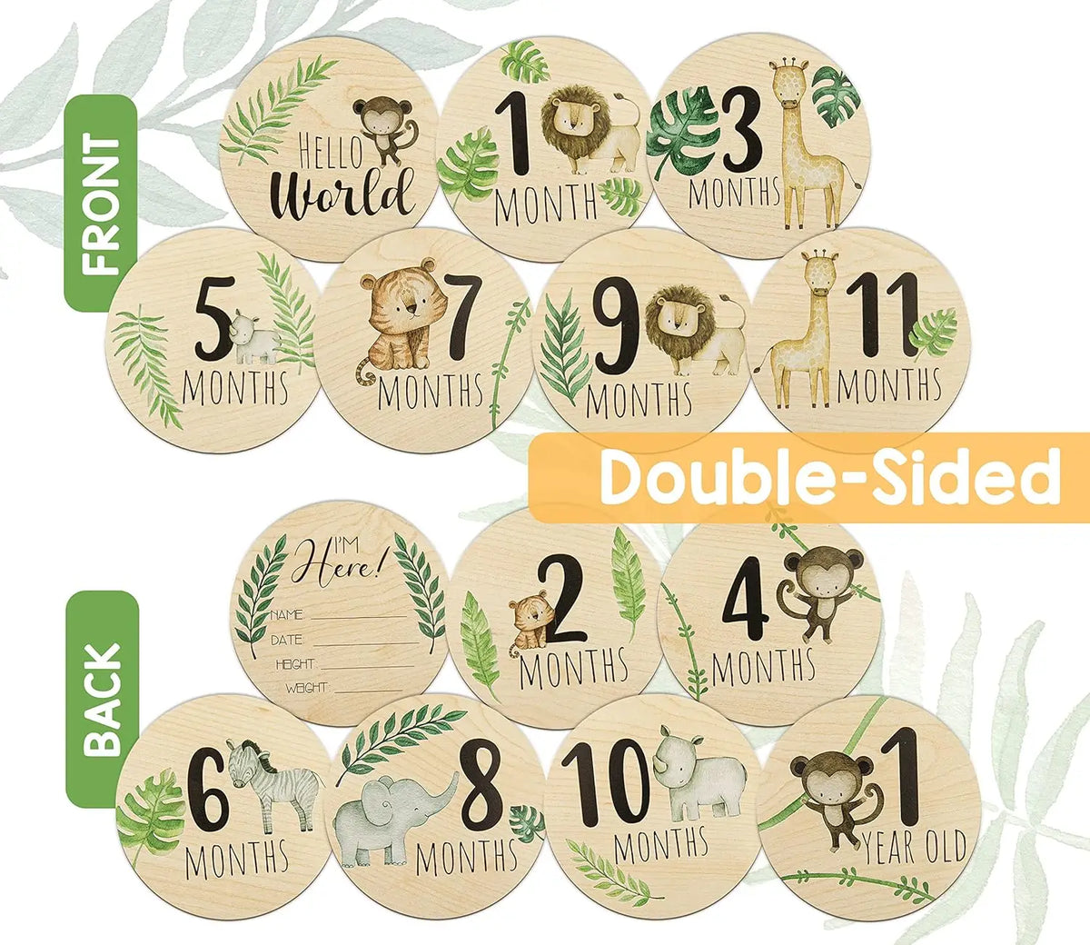 A collection of wooden milestone signs showing months and age milestones for a newborn keepsake.