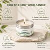 Instructions for enjoying a citronella scented candle, showing steps like trimming the wick and choosing a safe surface.