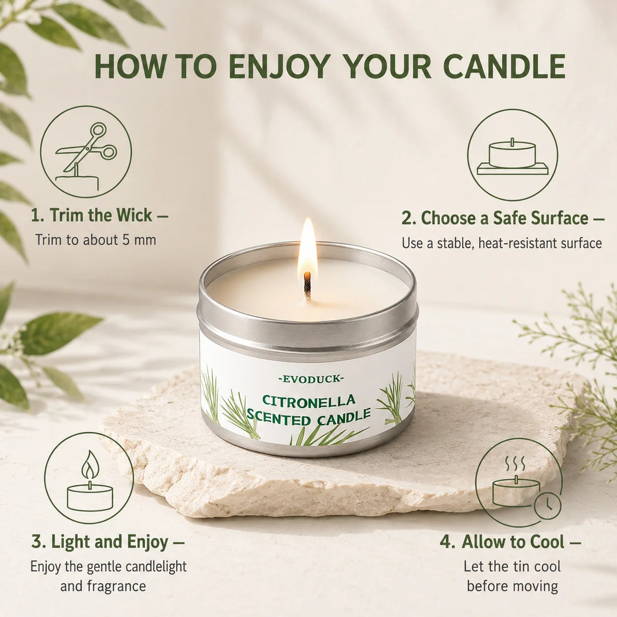 Instructions for enjoying a citronella scented candle, showing steps like trimming the wick and choosing a safe surface.
