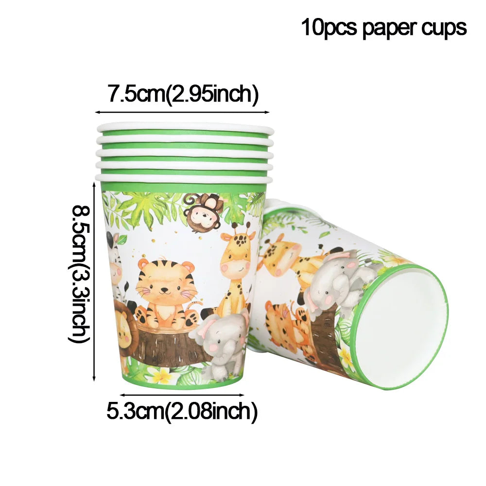 A set of 10 paper cups featuring a jungle safari theme with animals like lions, elephants, and monkeys.