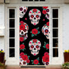 A door cover featuring a sugar skull design with papel picado elements on a black background.