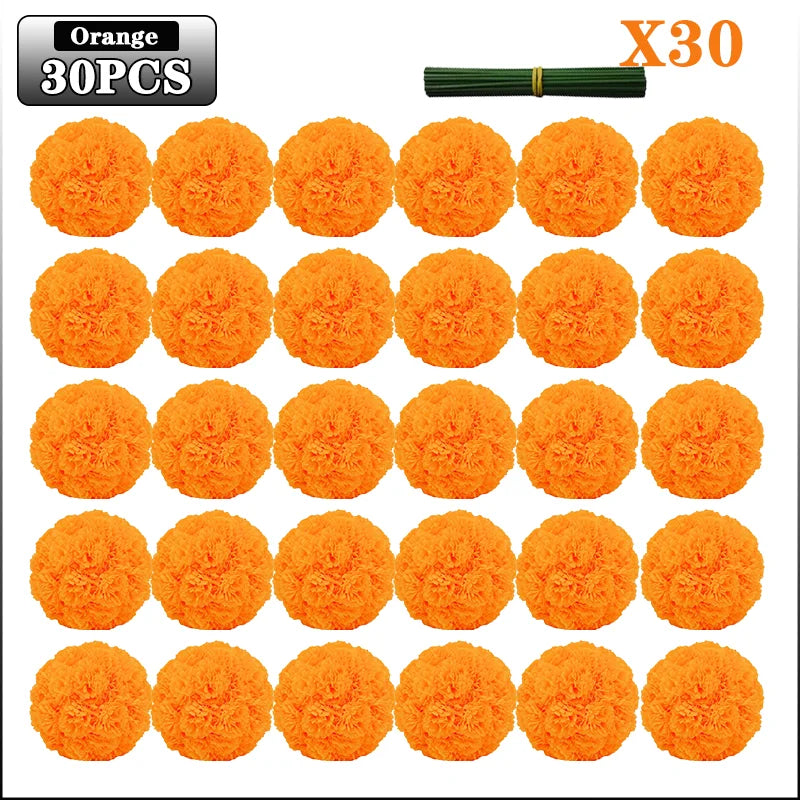30 pieces of orange artificial marigold flowers with green stems for decorations