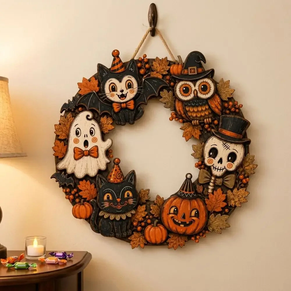 Vintage wooden Halloween wreath featuring carved cats, an owl, and a skull surrounded by autumn leaves