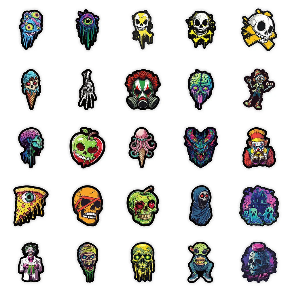 A collection of various skull and joker themed decals and stickers in different colors and styles.