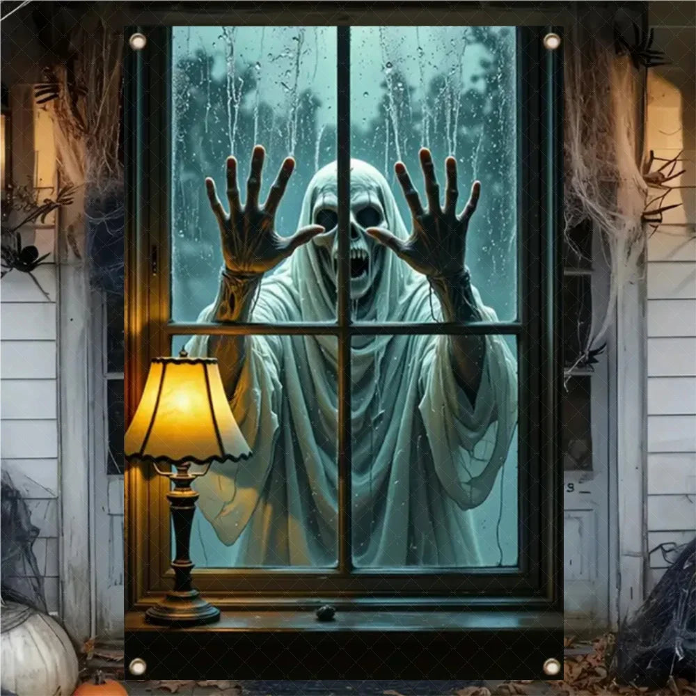 A creepy ghost figure peering through a window covered in condensation and dripping water.