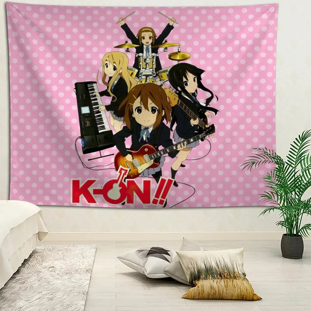 A vibrant tapestry featuring anime girls performing on stage against a pink background.