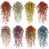 A collection of artificial hanging morning glory flowers in various colors including red, white, yellow, and pink.