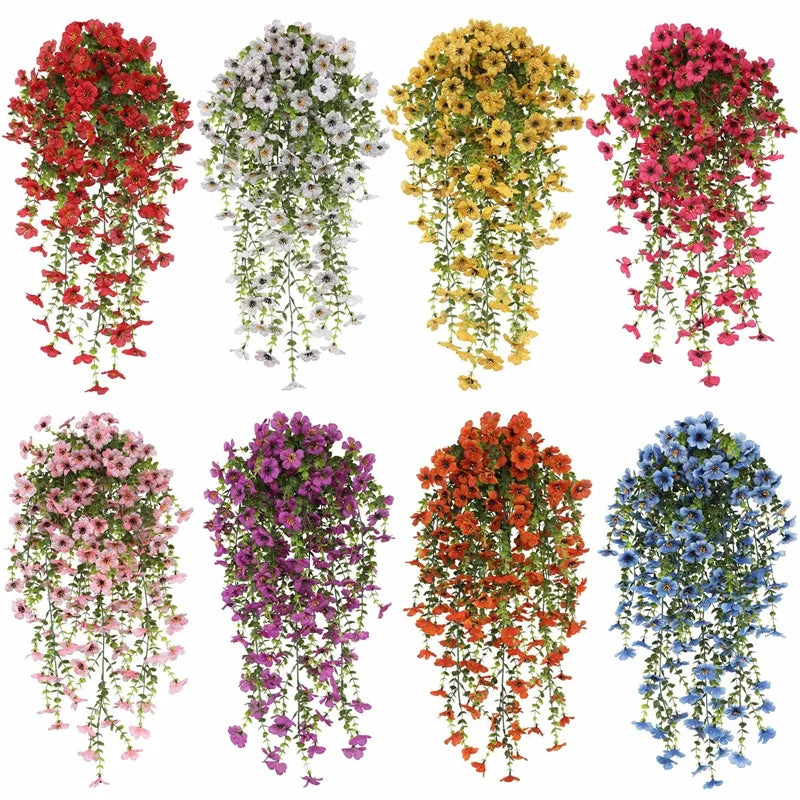 A collection of artificial morning glory hanging flowers in various colors including red, white, yellow, pink, purple, orange