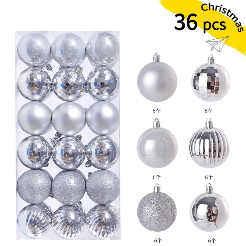 A set of 36 silver and clear glass Christmas baubles for holiday tree and decor.