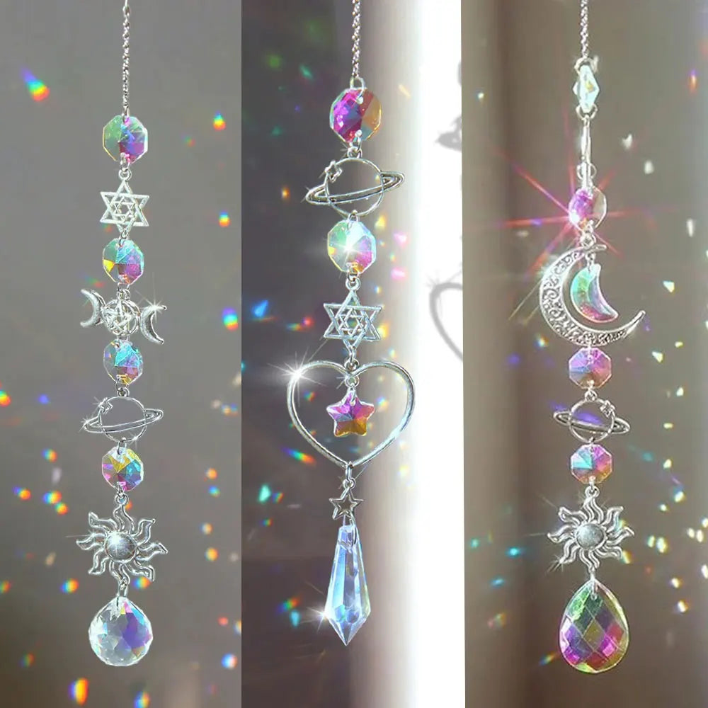 A silver crystal wind chime pendant featuring iridescent stones, a star, and a crescent moon.