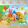 A colorful birthday banner featuring cartoon animals like a pink cat, yellow balloon, and orange elephant against a bright bl