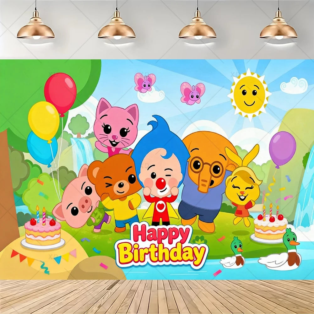 A colorful birthday banner featuring cartoon animals like a pink cat, yellow balloon, and orange elephant against a bright bl