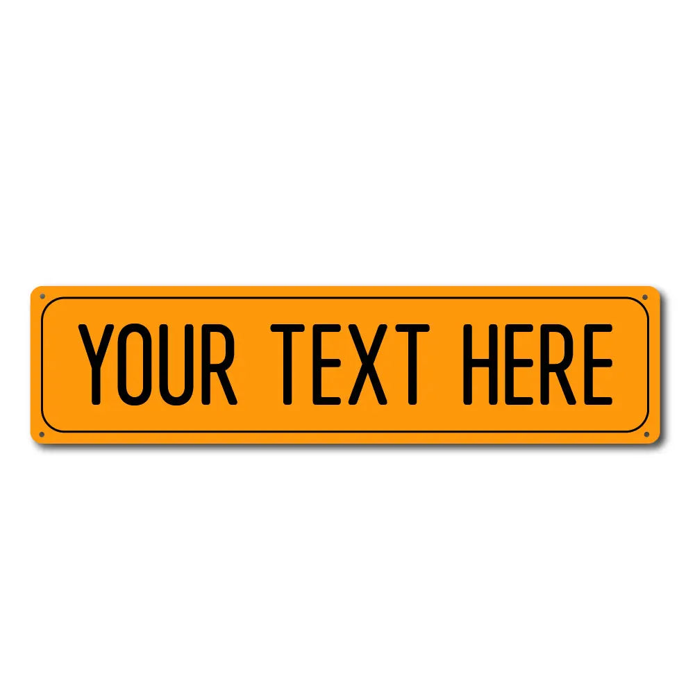 An empty orange rectangular metal street sign with the text YOUR TEXT HERE.