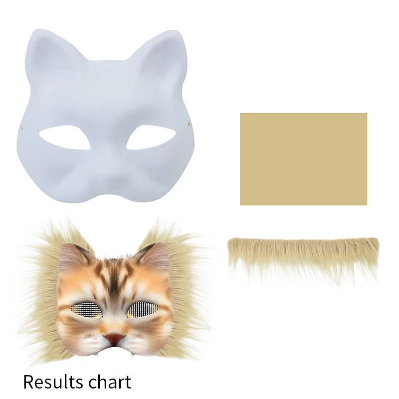 A kit for making DIY white pulp fox and cat masks, showing a white mask mold, paint color swatch, and faux fur details.