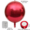 A glossy red round foil balloon with a stem, along with a hook and ribbon.