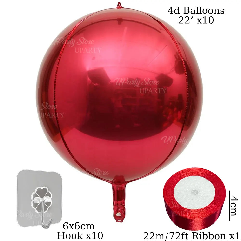 A glossy red round foil balloon with a stem, along with a hook and ribbon.