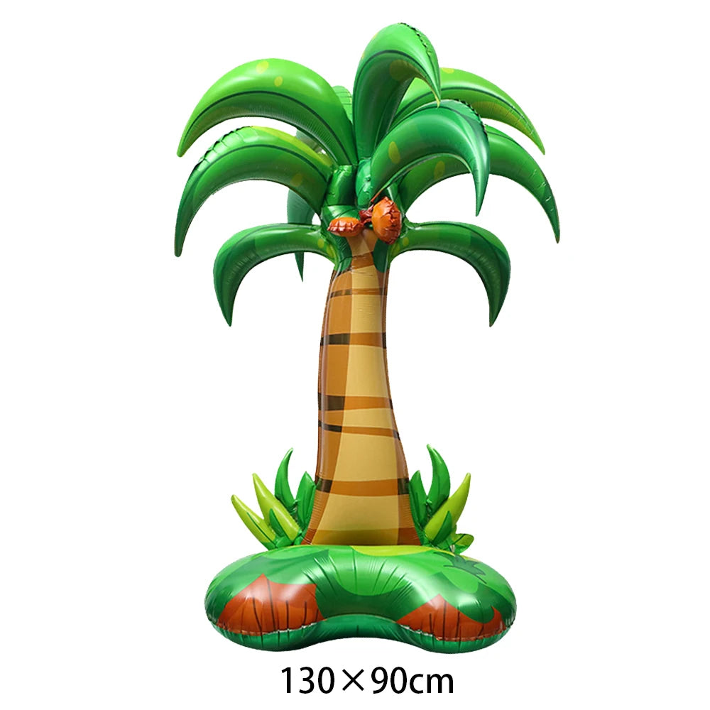 A large green palm tree decoration with an orange fruit, designed for jungle safari animal birthday decorations.