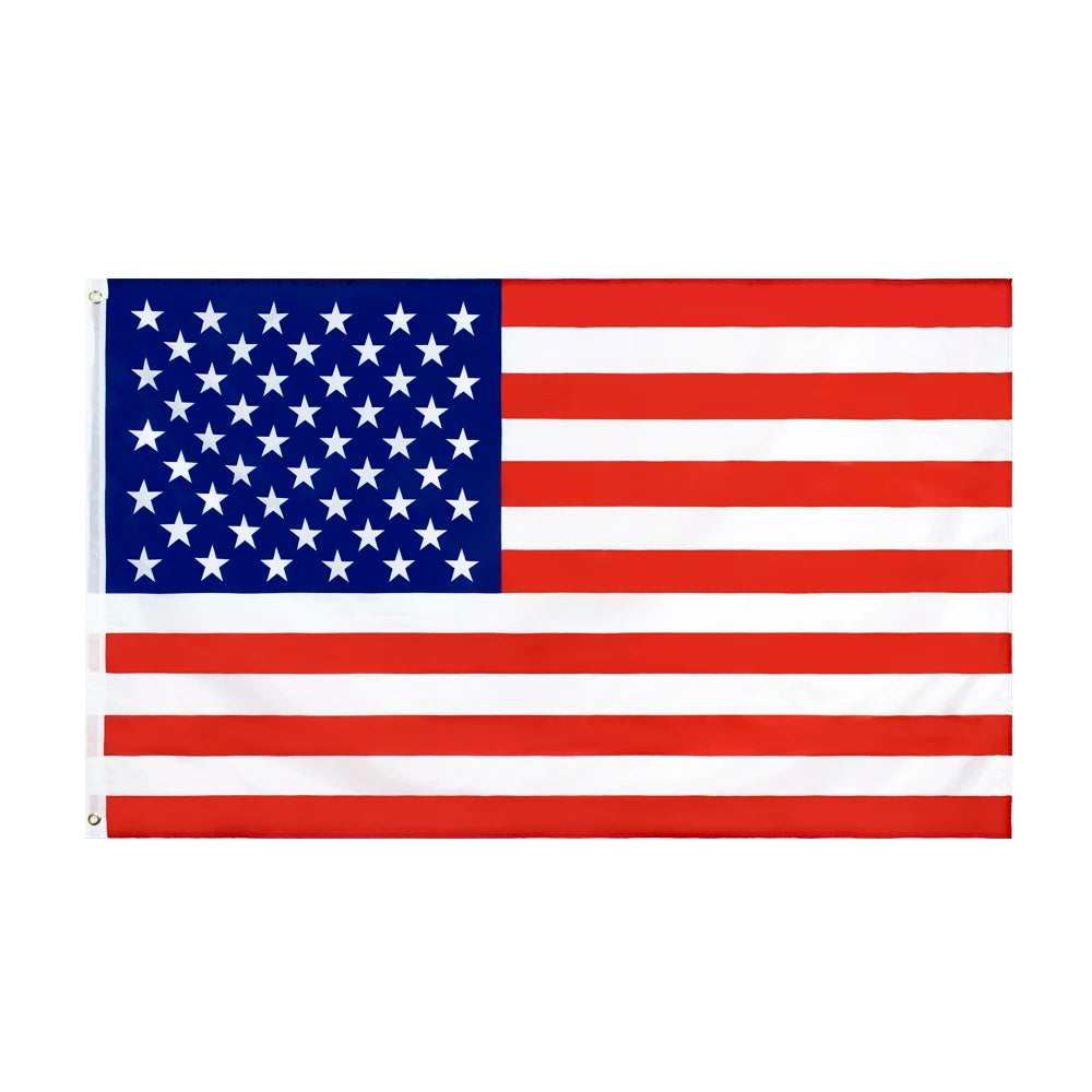 A rectangular flag of the United States of America with red and white stripes and blue stars on a white field.