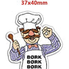 A cartoon chef character with a mustache wearing a white hat and apron, featuring the text BÖRK.