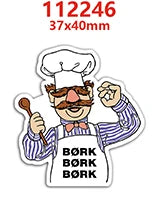 A cartoon chef character with a mustache wearing a white hat and apron, featuring the text BÖRK.