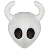 A realistic white horror mask with large black eyes and curved ears.