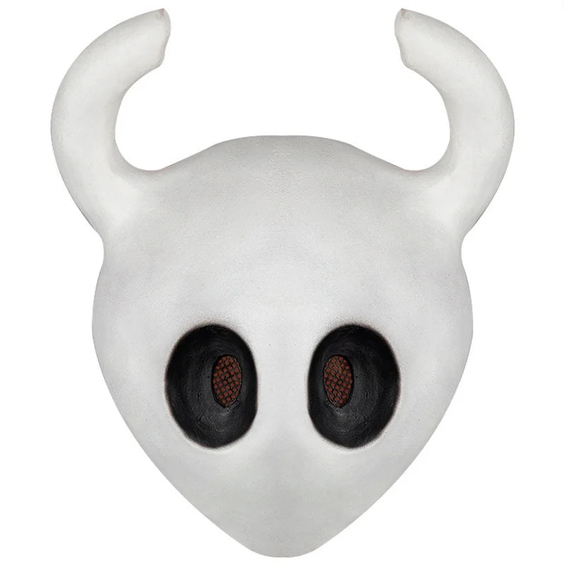 A realistic white horror mask with large black eyes and curved ears.