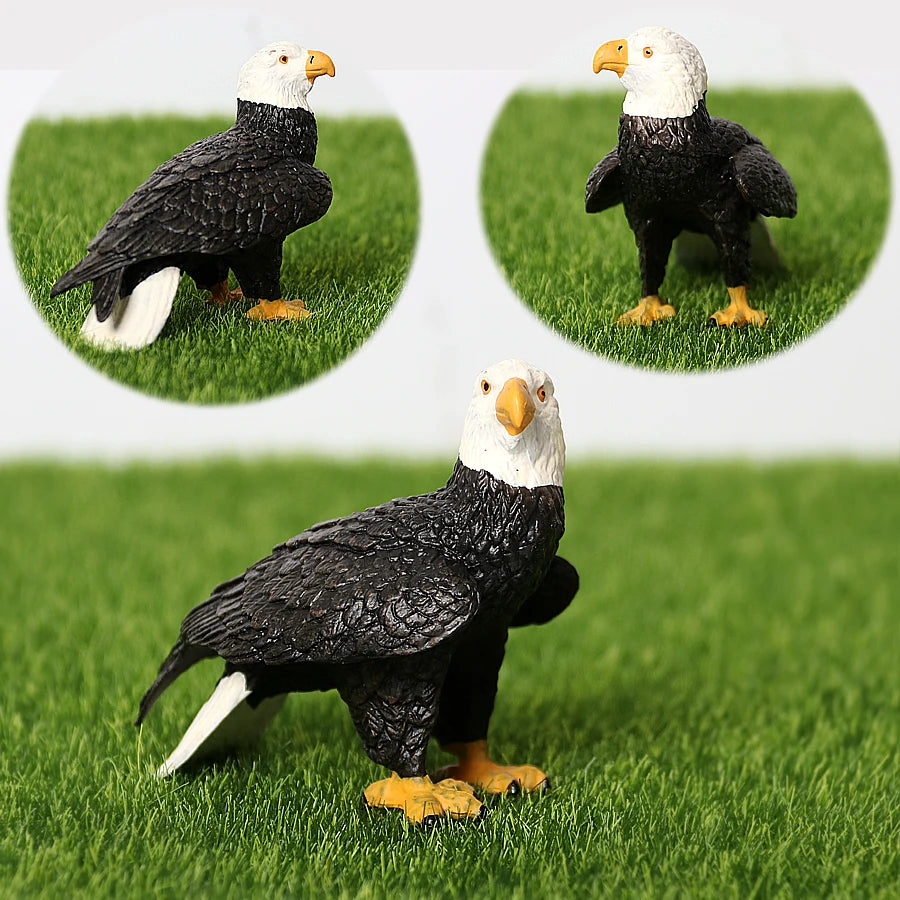 A realistic figurine set featuring an owl, vulture, and bald eagle standing on green grass.