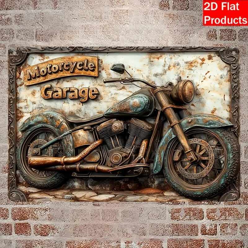 Un cartel metálico desgastado que representa una motocicleta vintage estacionada contra una pared de ladrillos rústicos.