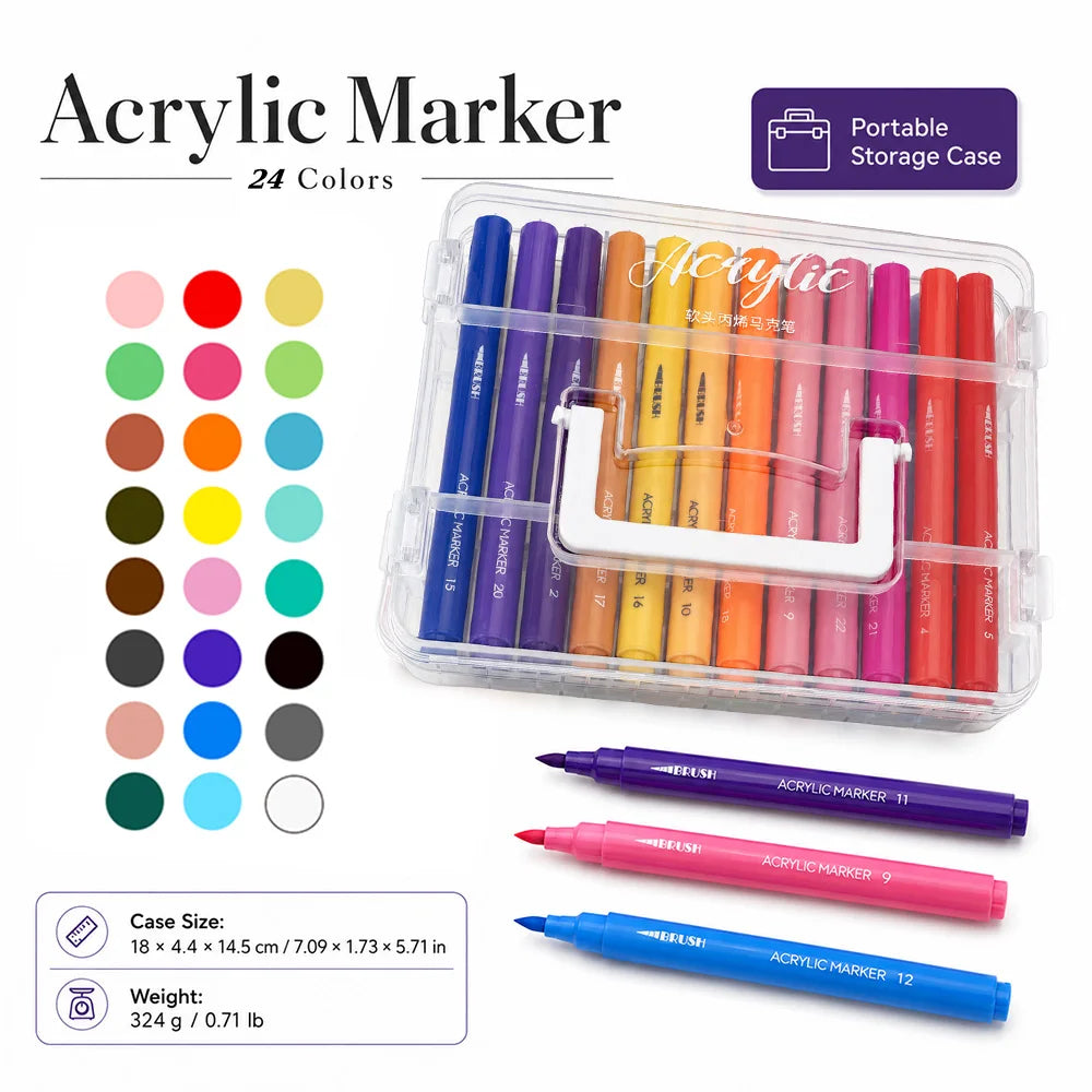Portable storage case of 24 colored acrylic markers with brush tips