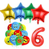A set of colorful foil and latex balloons shaped like stars and the number six for a birthday party