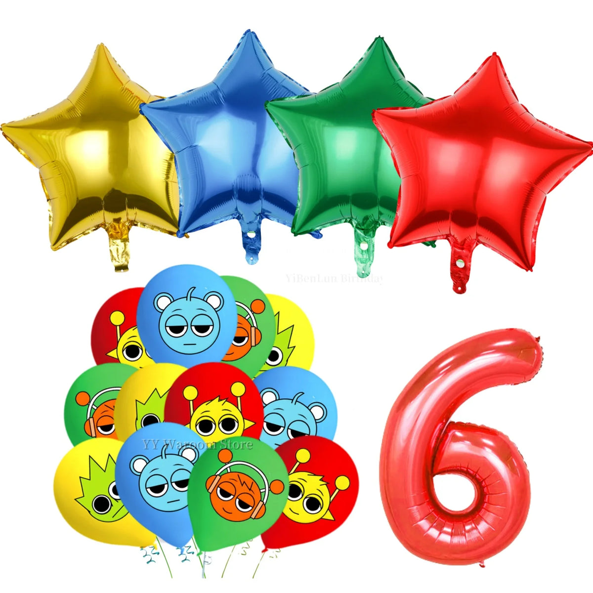 A set of colorful foil and latex balloons shaped like stars and the number six for a birthday party