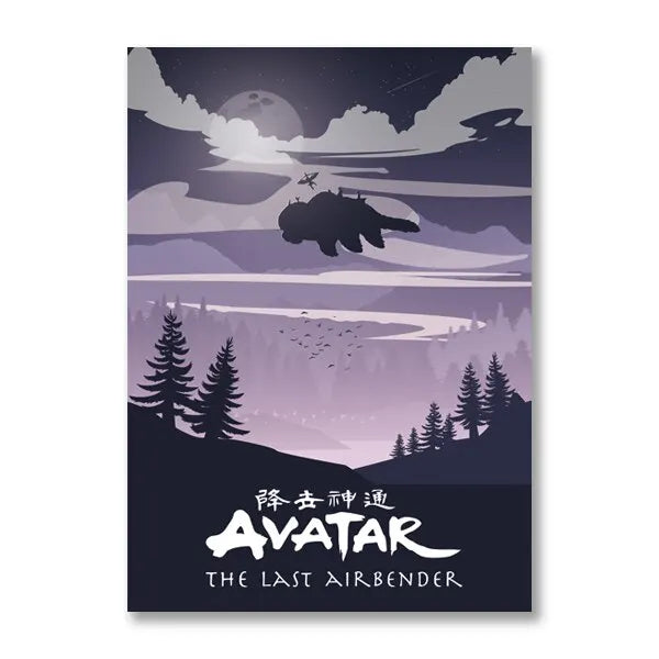 Minimalist canvas wall art featuring a silhouette of an Avatar flying against a purple and gray sky.