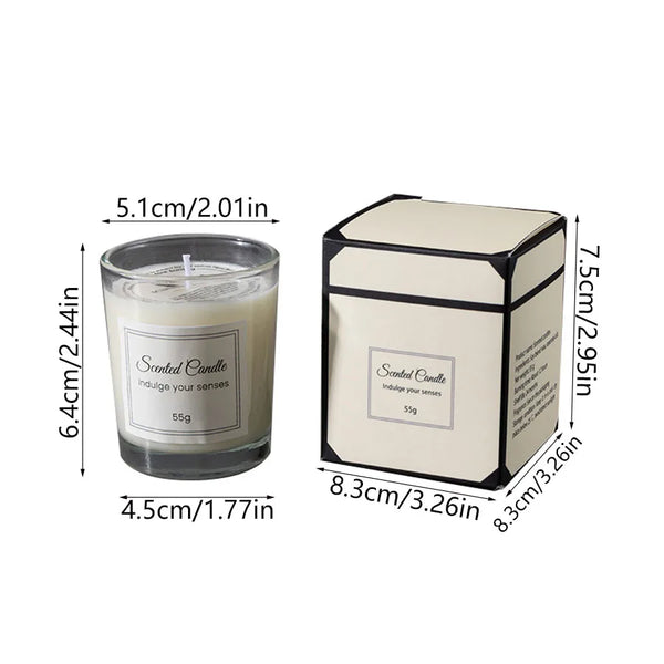 A rectangular scented candle in a cream-colored jar with a black lid and label.