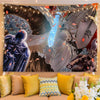 A tapestry featuring Berserk manga art depicting a dark warrior and a large sword on a fabric background.
