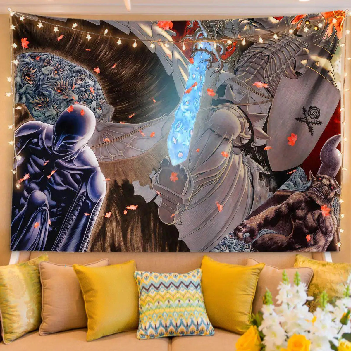 A tapestry featuring Berserk manga art depicting a dark warrior and a large sword on a fabric background.