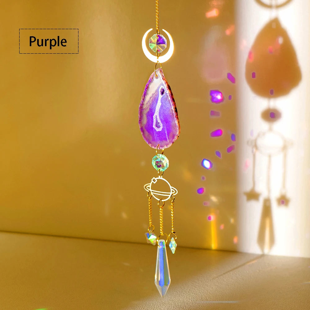 A purple agate sun catcher crystal decor featuring a large teardrop pendant and dangling beads.