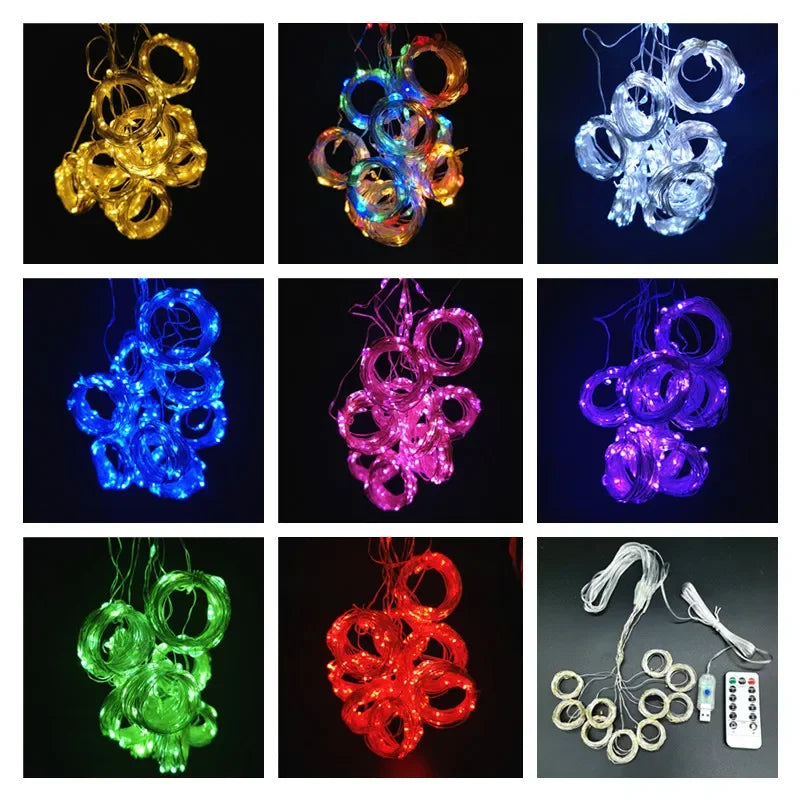 Various colors of USB-powered LED curtain lights displayed against a dark background.