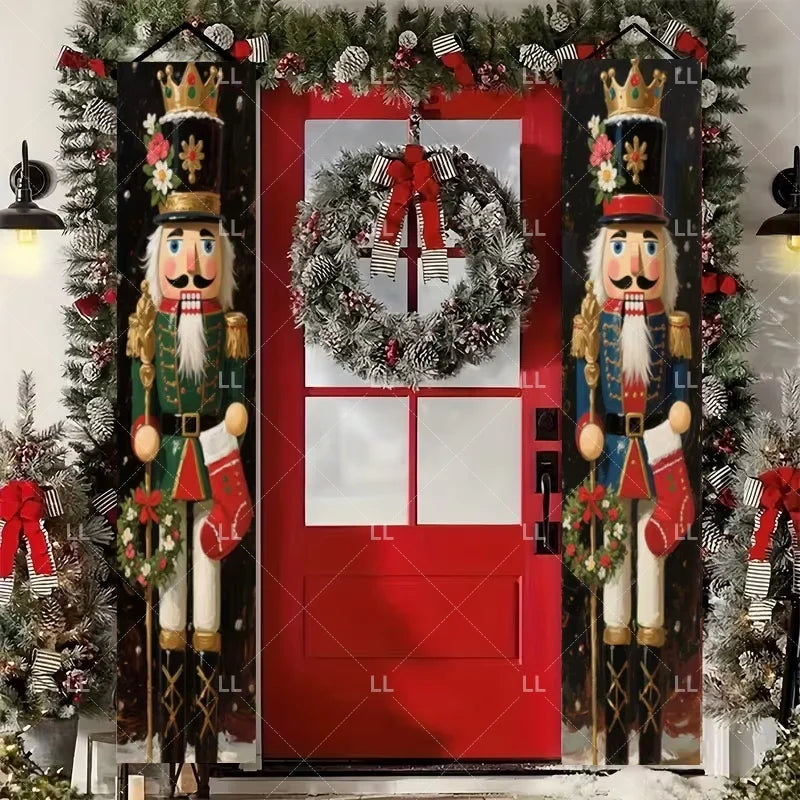 Festive Christmas door banner featuring two bearded men in traditional holiday attire surrounded by evergreen garlands