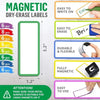 A set of magnetic dry-erase labels and stickers in various sizes and colors shown on a white background.